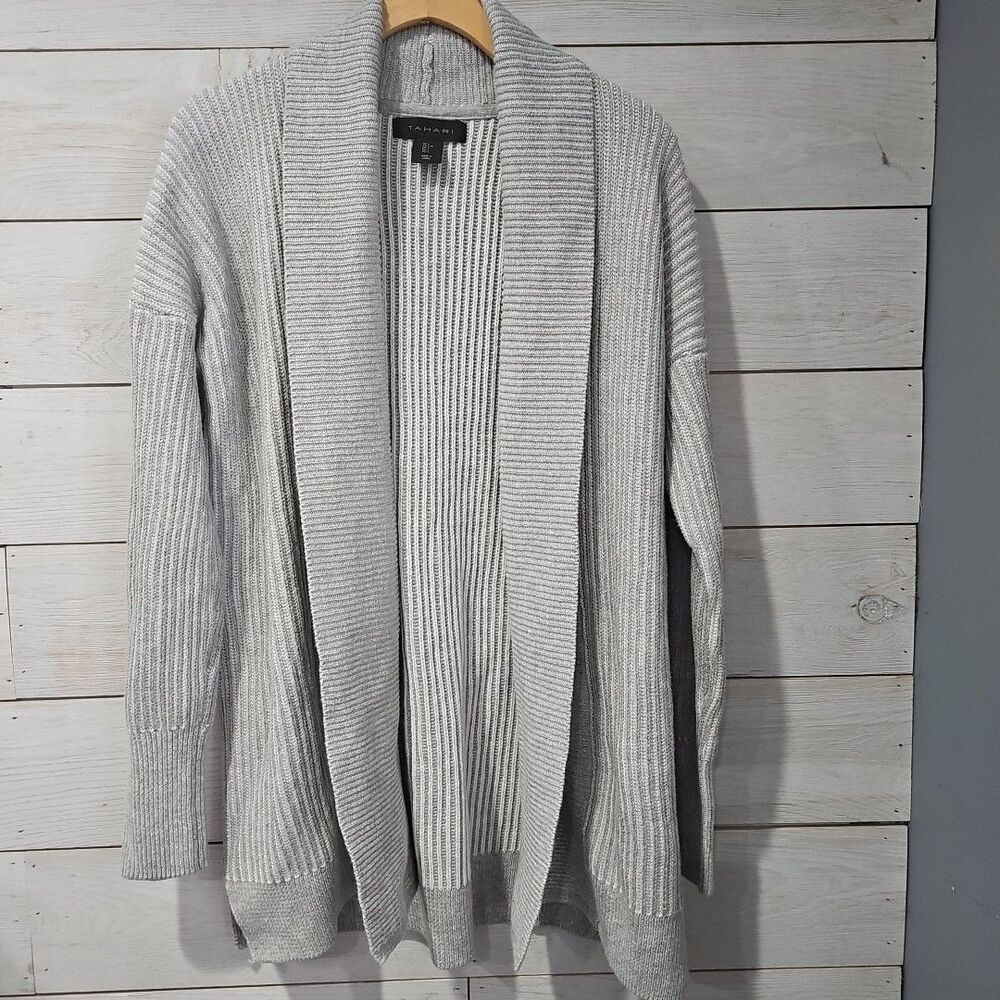 TAHARI Open Front Cardigan Sweater Women's Size Large Gray Ribbed